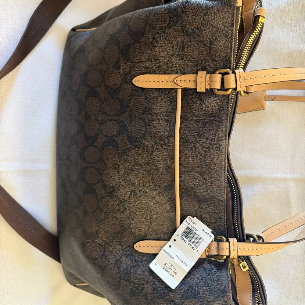 Coach Brown Signature Baby Bag with Tan Trim and Red Tag